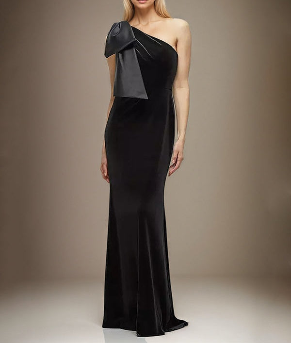 Stretch Crepe Sheath/Column One Shoulder Sleeveless Floor Length Dress With Bow