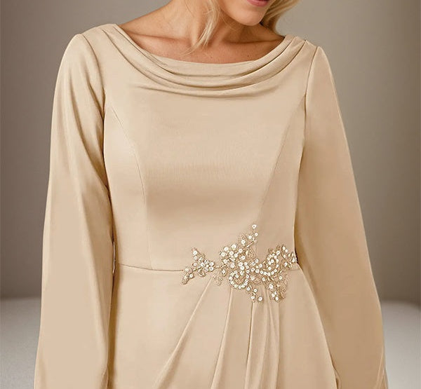 Champagne A Line Chiffon Round Neck Long Sleeves Floor Length Dress