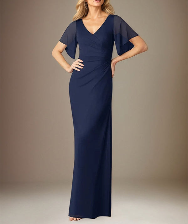 Dark Navy Sheath/Column Chiffon V Neck Floor Length Dress With Flutter Sleeves