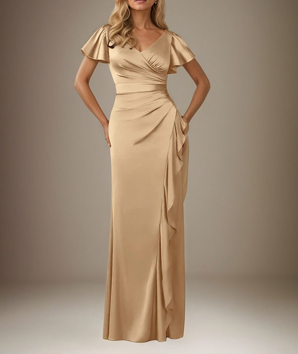 Champagne Trumpet/Mermaid Satin V Neck Short Sleeves Floor Length Dress With Slit
