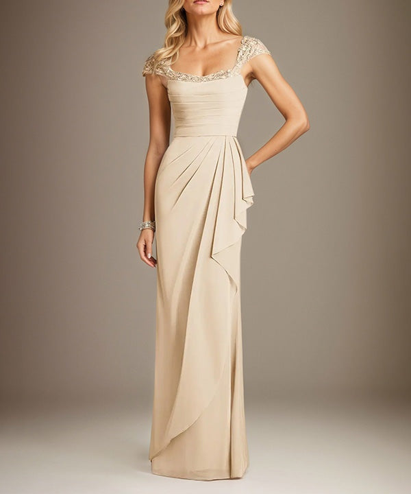 Champagne Sheath/Column Chiffon Square Neck Short Sleeves Floor Length Dress
