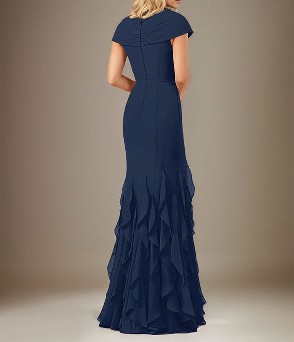 Dark Navy Chiffon V-Neck Short Sleeves Floor Length Dress