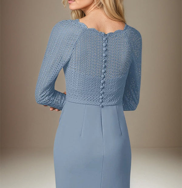 Dusty Blue Stretch Crepe Boat Neck Long Sleeves Floor Length Dress