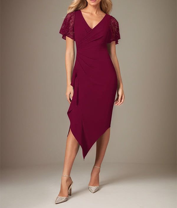 Burgundy Stretch Crepe V-Neck Short Sleeves Tea-Length Dress