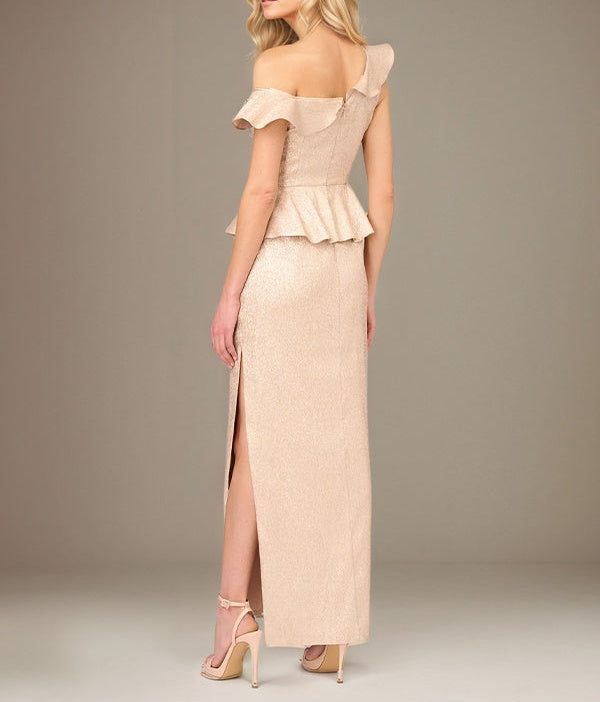 Champagne Sheath/Column Satin One Shoulder Sleeveless Ankle Length Dress With Slit