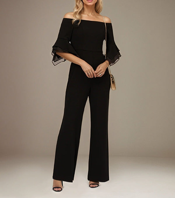 Black Chiffon Off the Shoulder 1/2 Sleeves Separates Jumpsuit/Pantsuit Mother of the Bride Dress