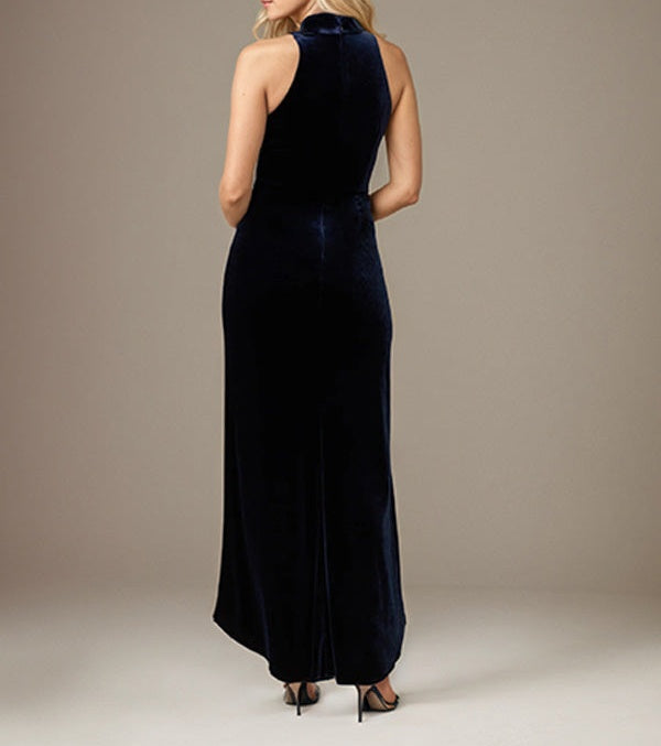 Dark Royal Blue Velvet Halter Neck Sleeveless Asymmetrical Length Dress
