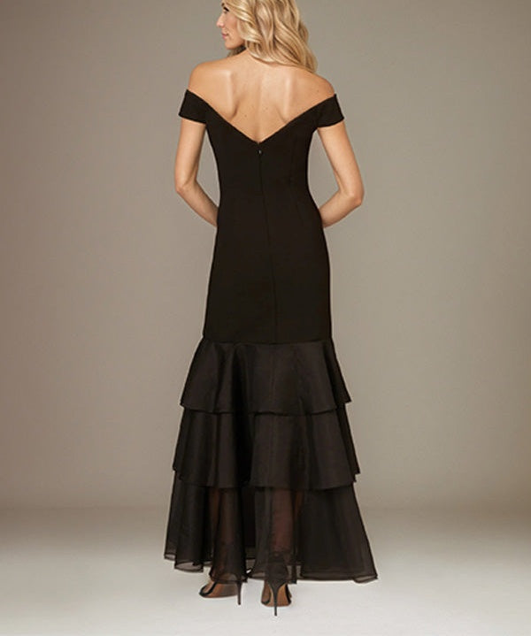 Black Stretch Crepe Off the Shoulder Sleeveless Floor Length Dress With Ruffles