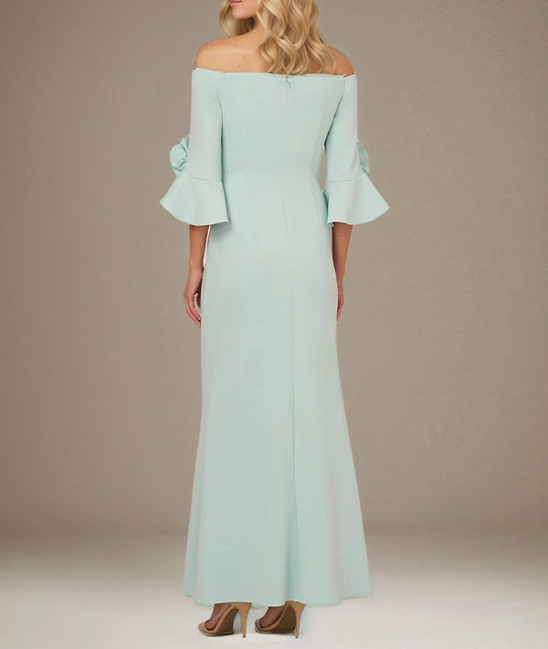 Mint Green A Line Stretch Crepe Off the Shoulder 1/2 Sleeves Ankle Length Dress With Rose
