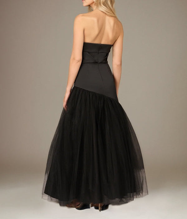 Black A Line Stretch Crepe Off the Shoulder Sleeveless Floor Length Dress With Tulle