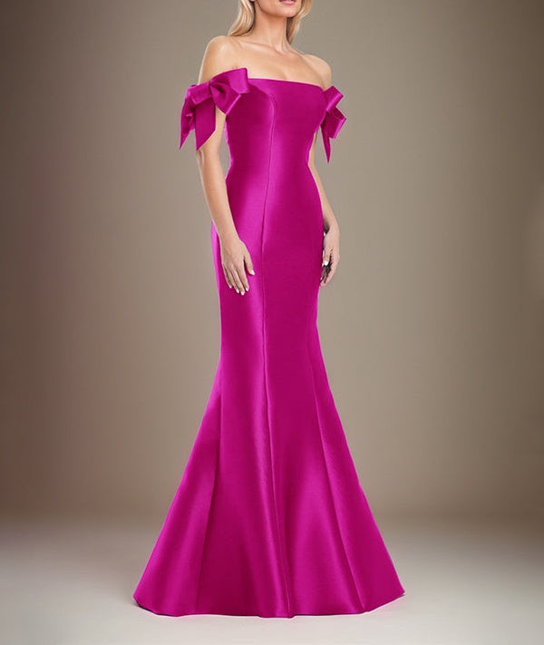 Trumpet/Mermaid Off The Shoulder Floor Length Satin Mother Of The Bride Dress With Bow Sleeves
