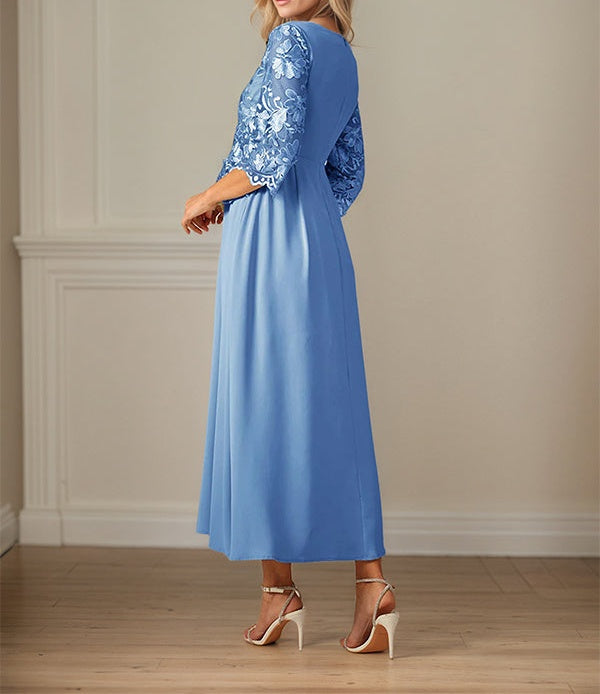 Crew Neck A Line Ruffle Ruched Lace Maxi Dress Mother Of The Bride Dress