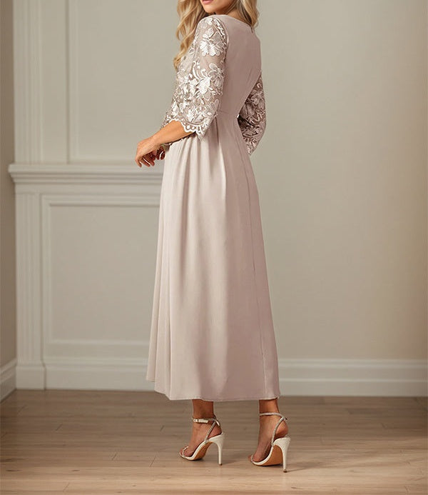 Crew Neck A Line Ruffle Ruched Lace Maxi Dress Mother Of The Bride Dress