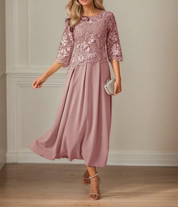 Crew Neck A Line Ruffle Ruched Lace Maxi Dress Mother Of The Bride Dress