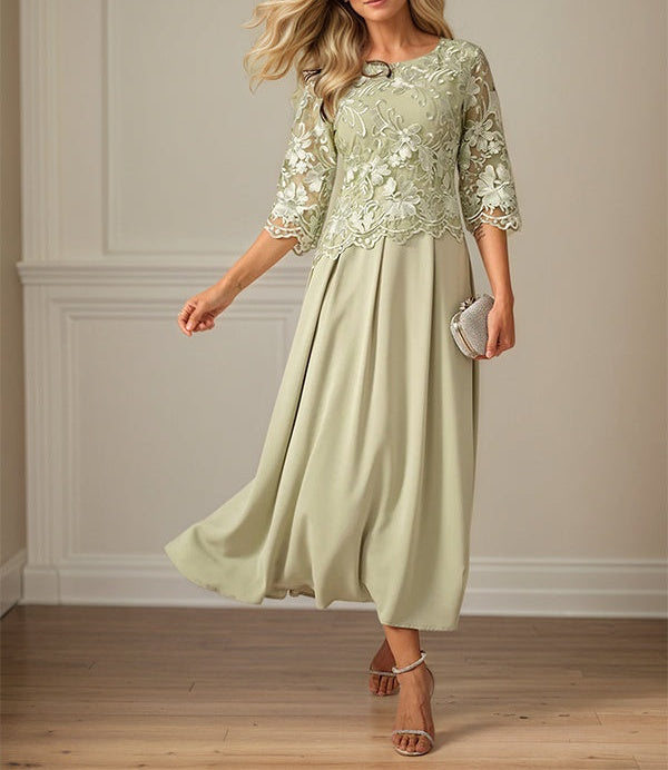 Crew Neck A Line Ruffle Ruched Lace Maxi Dress Mother Of The Bride Dress