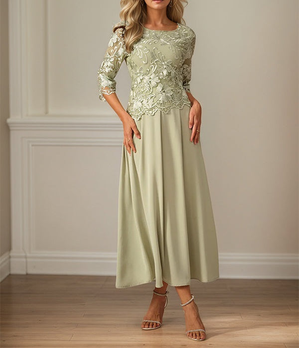 Crew Neck A Line Ruffle Ruched Lace Maxi Dress Mother Of The Bride Dress