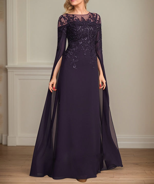 Sheath/Column Scoop 1/2 Sleeve Floor-Length Lace Chiffon Mother of the Bride Dress With Sequins