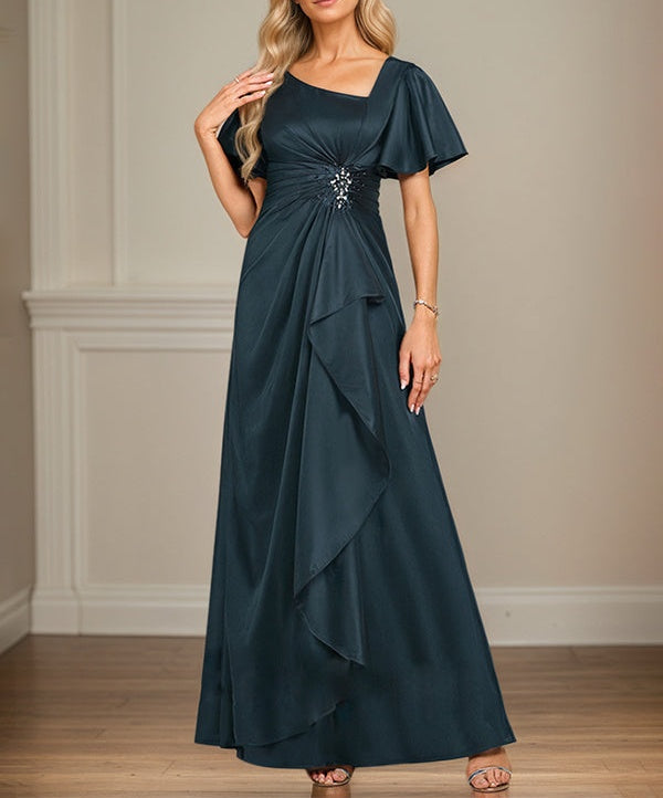 A-Line Asymmetrical Floor-Length Matte Satin Mother of the Bride Dress With Beading Sequins Pleated