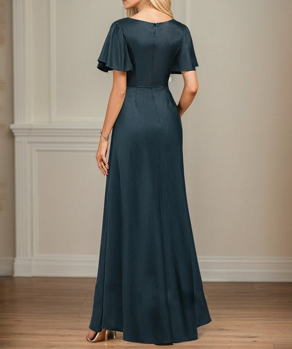 A-Line Asymmetrical Floor-Length Matte Satin Mother of the Bride Dress With Beading Sequins Pleated
