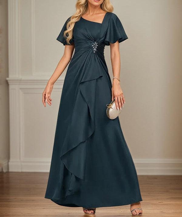 A-Line Asymmetrical Floor-Length Matte Satin Mother of the Bride Dress With Beading Sequins Pleated