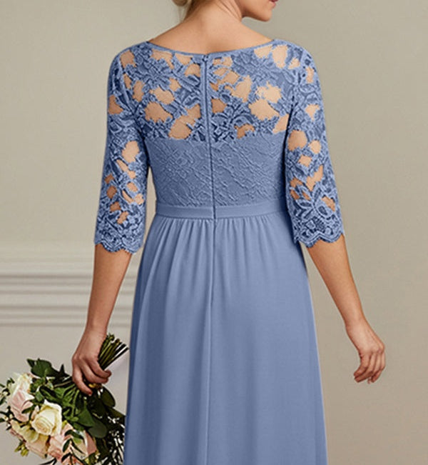 A-Line Illusion Neck 2/3 Sleeves Chiffon Mother Of The Bride Dresses With Appliques Lace