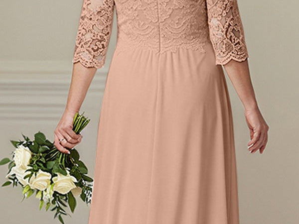 A-Line Illusion Neck 1/2 Sleeves Chiffon Mother Of The Bride Dresses With Appliques Lace