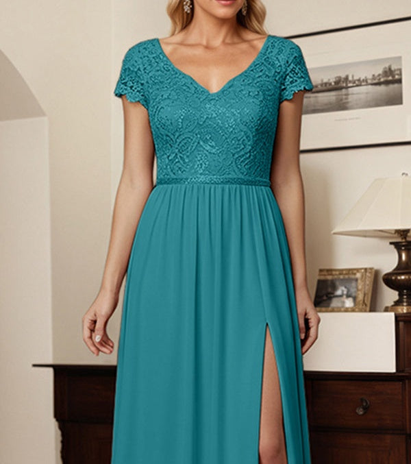 Jade A-Line V-Neck Chiffon Appliques Mother Of The Bride Dress With Slit