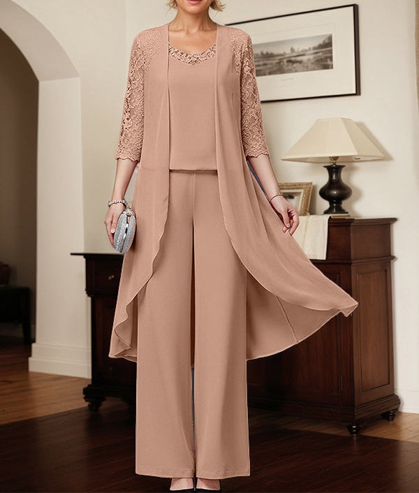 Separates Jumpsuit/Pantsuit Scoop Floor-Length Chiffon Mother of the Bride Dress with Appliques
