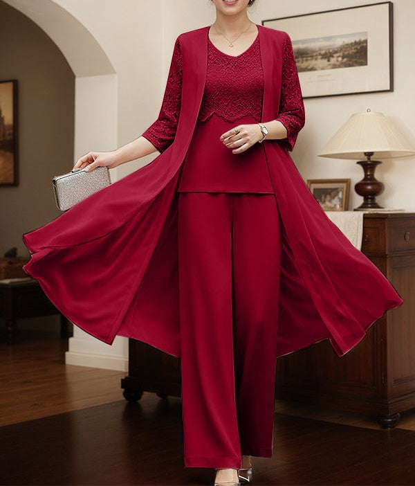 Burgundy Separates Jumpsuit/Pantsuit Scoop Floor-Length Chiffon Mother of the Bride Dress
