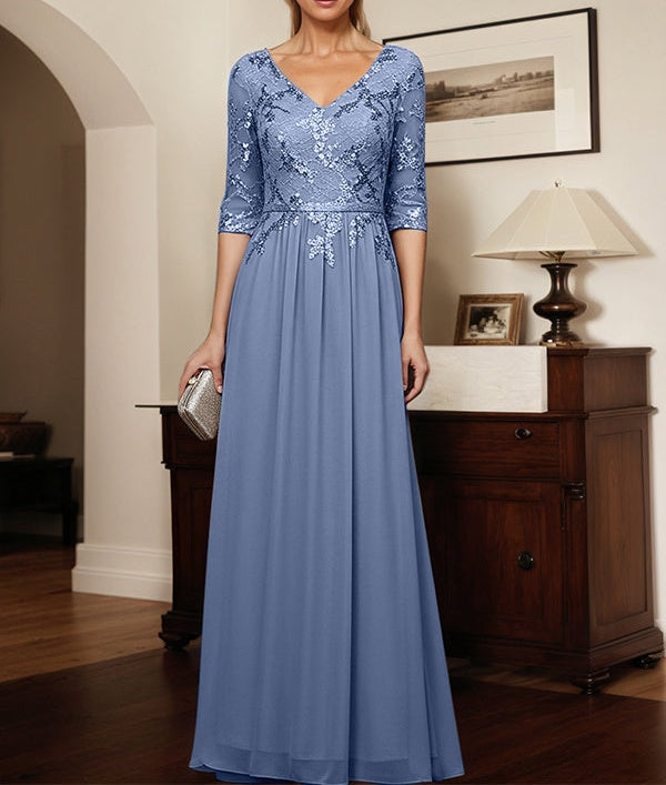 Sparkly Slate Blue A Line V-Neck Chiffon Mother Of The Bride Dress With Appliques