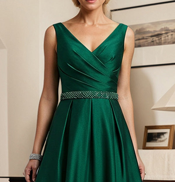 Dark Green A-line V-Neck Tea-Length Satin Mother of the Bride Dress with Pleated