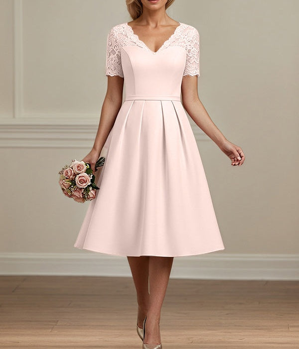 Blushing Pink A-line V-Neck Tea-Length Chiffon Lace Mother of the Bride Dress