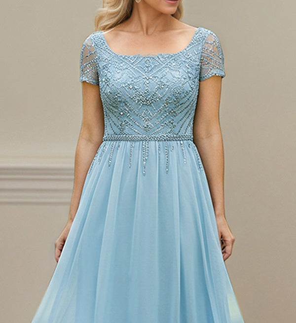 Light Blue A Line Square-Neck Chiffon Mother Of The Bride Dress With Appliques