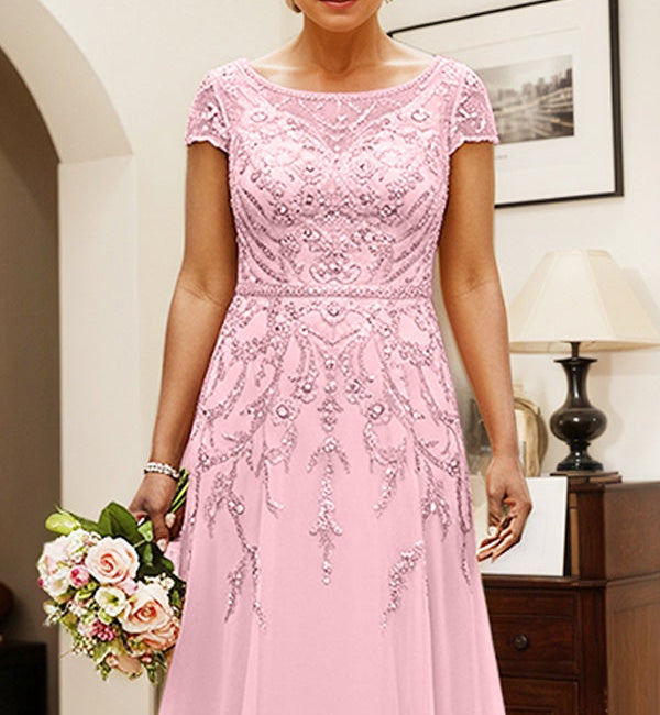 Candy Pink A Line Scoop Neck Chiffon Mother Of The Bride Dress With Appliques