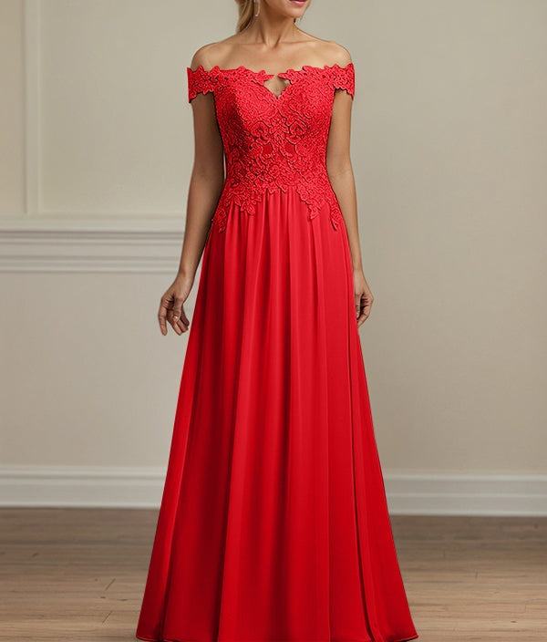 Red A Line Off The Shoulder Chiffon Mother Of The Bride Dress With Appliques