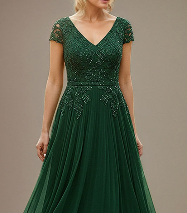 Emerald A-line V Neck Floor-Length Lace Chiffon Mother of the Bride Dress with Appliques