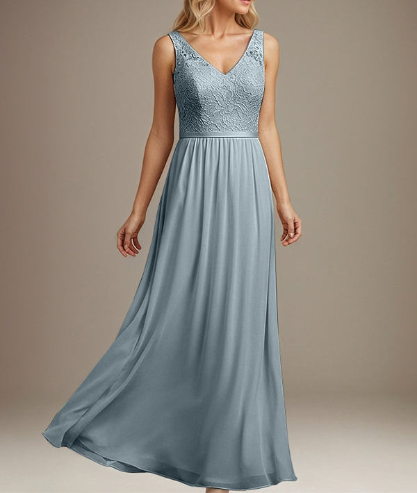 Dusty Blue A-line V Neck Floor-Length Lace Chiffon Mother of the Bride Dress