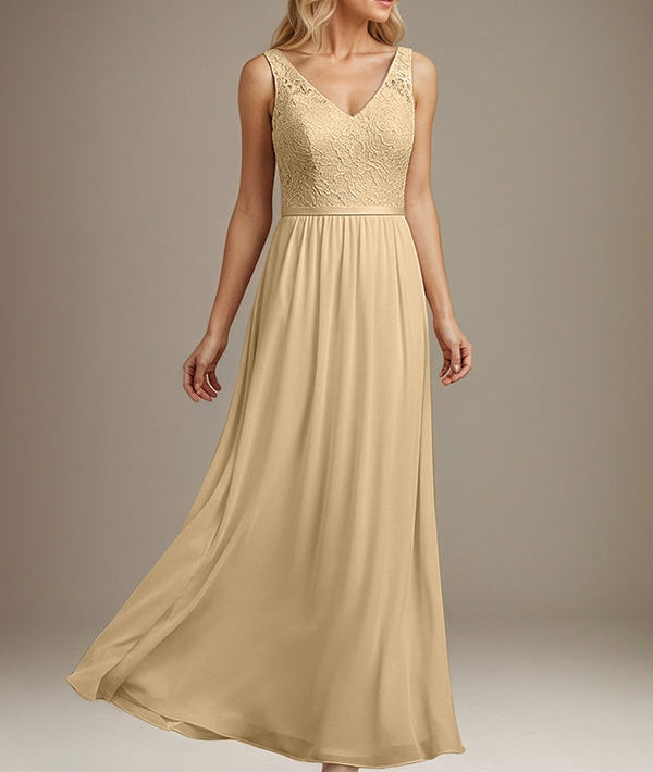 Dusty Blue A-line V Neck Floor-Length Lace Chiffon Mother of the Bride Dress