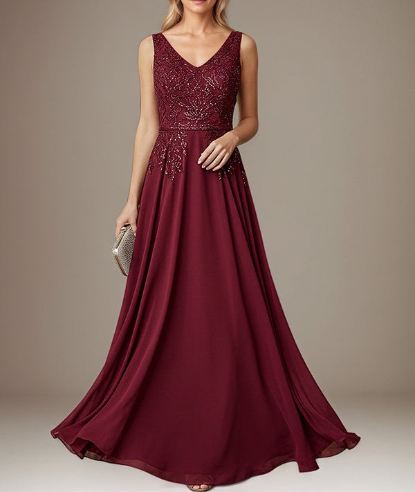 Burgundy A-line V Neck Floor-Length Lace Chiffon Mother of the Bride Dress