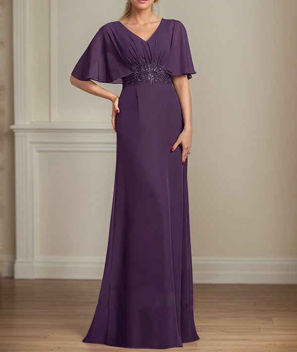 A-Line V-Neck Floor-Length Chiffon Mother of the Bride Dress With Appliques Pleated