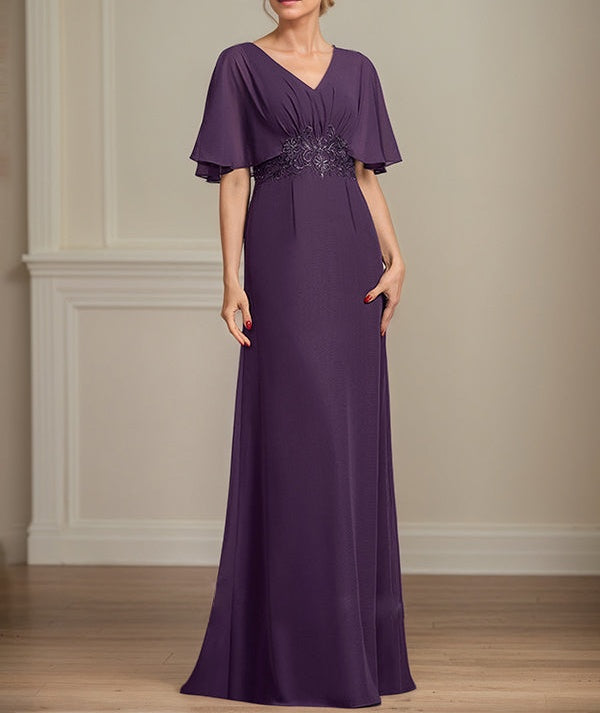 A-Line V-Neck Floor-Length Chiffon Mother of the Bride Dress With Appliques Pleated