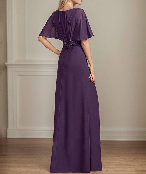 A-Line V-Neck Floor-Length Chiffon Mother of the Bride Dress With Appliques Pleated