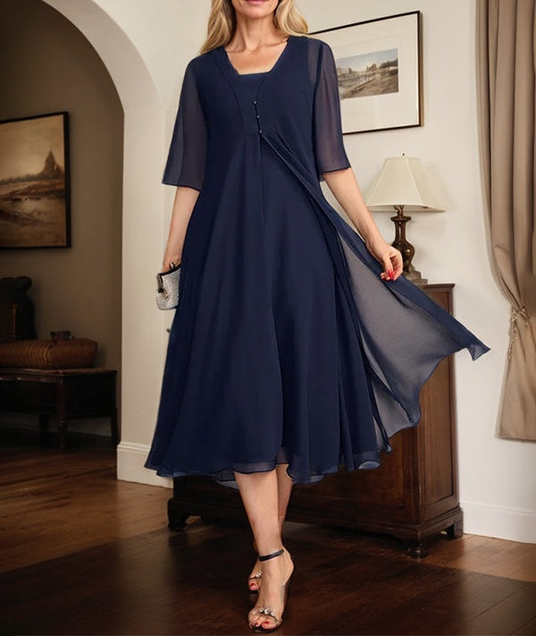 A-line Square Tea-Length Chiffon Mother of the Bride Dress