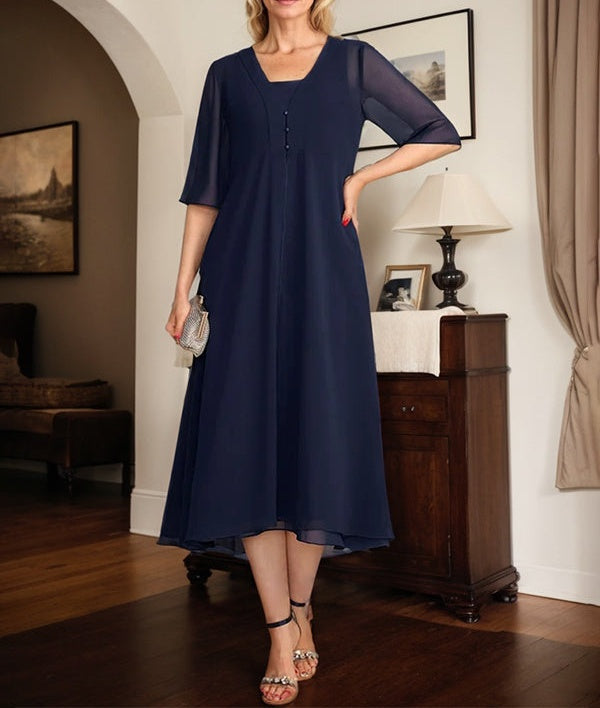 A-line Square Tea-Length Chiffon Mother of the Bride Dress