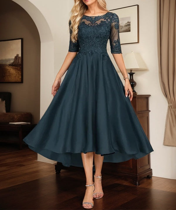 Dark Navy A-line Boat Neck Illusion Asymmetrical Lace Satin Mother of the Bride Dress With Beading