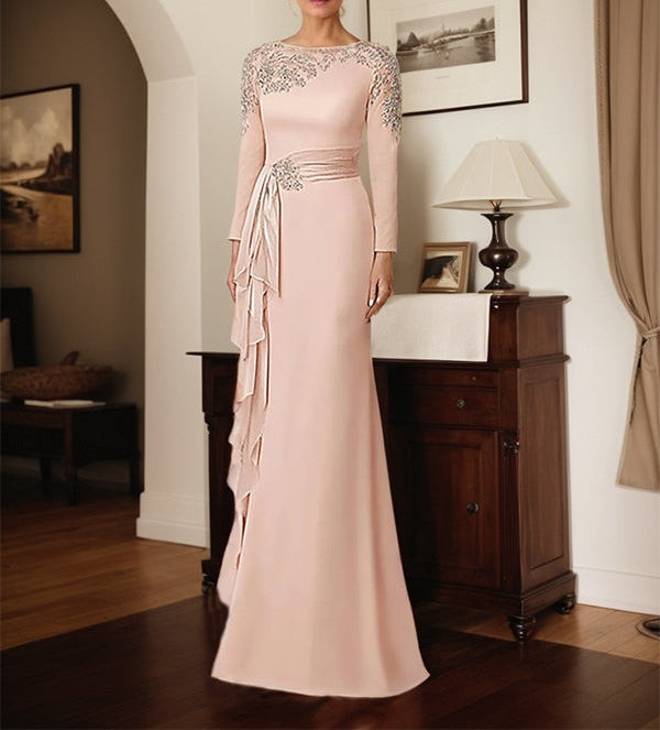 Elegant Blush Satin Sheath Mother of the Bride Dress with Long Sleeves