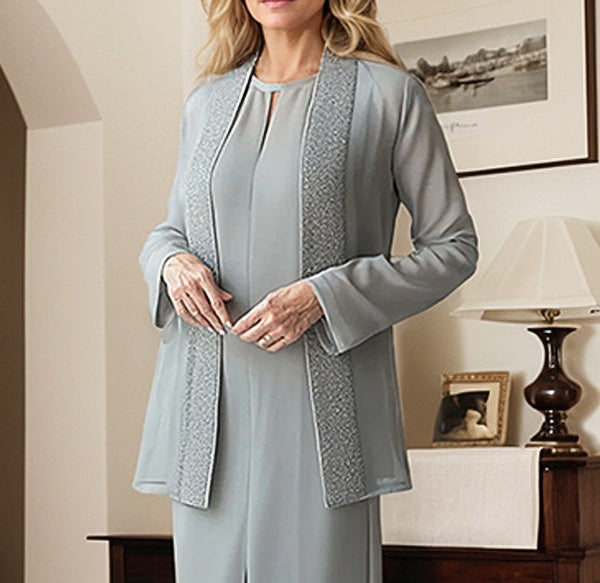 Grey Tea Length Chiffon Mother of the Bride Dress with Sequin Jacket