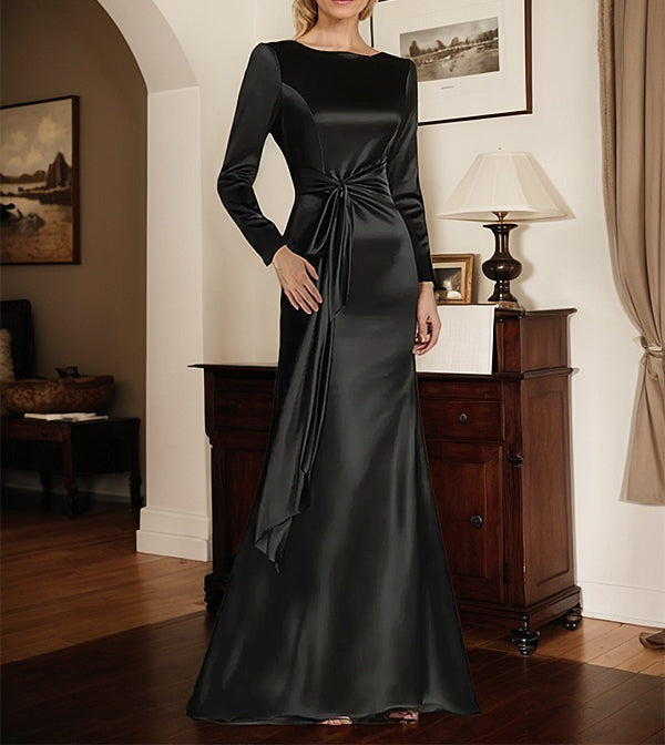 Satin Sheath Long Sleeves Mother of the Bride Dress with Side Waist