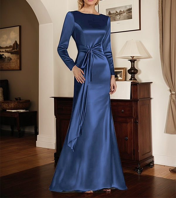 Satin Sheath Long Sleeves Mother of the Bride Dress with Side Waist