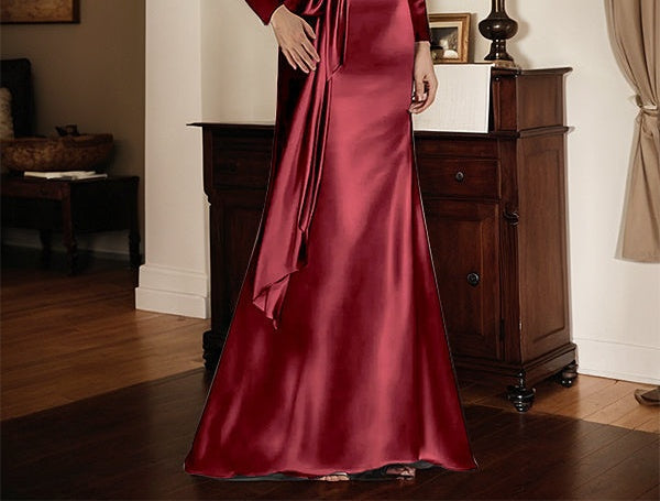 Satin Sheath Long Sleeves Mother of the Bride Dress with Side Waist